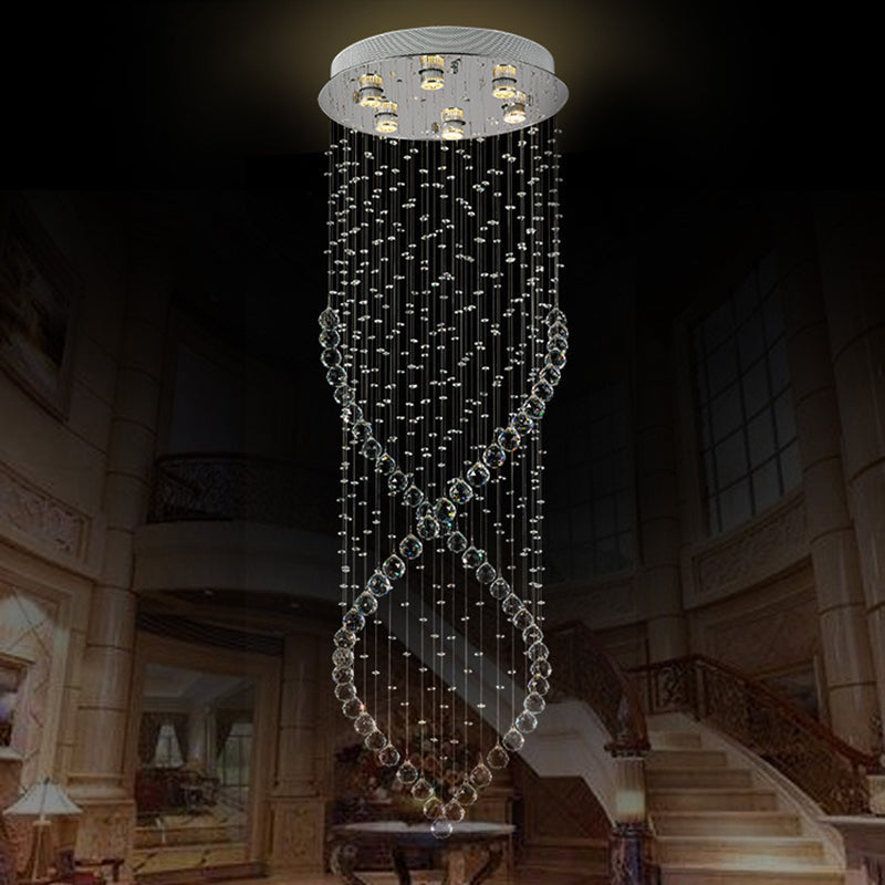 Modern Silver Crystal Swirl Chandelier - 6-Light Led Suspension Lamp With Round Canopy