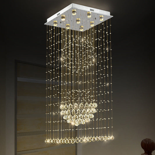 Modern Crystal LED Waterfall Pendant Light - 9-Bulb Silver Ceiling Lamp with Square Canopy