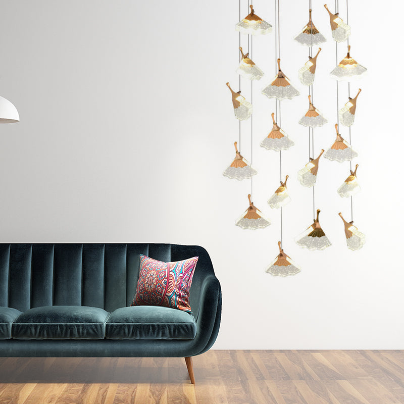 Gold Ginkgo Leaf Acrylic Pendant Light with 24 Suspended Heads for Stair Clusters