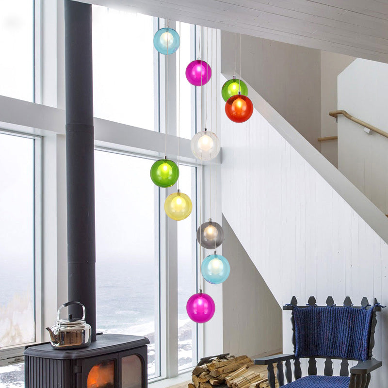 Cluster Pendant Light: Modern White/Pink Glass Led Ceiling Fixture - 10 Light Globe For Stairs Pink