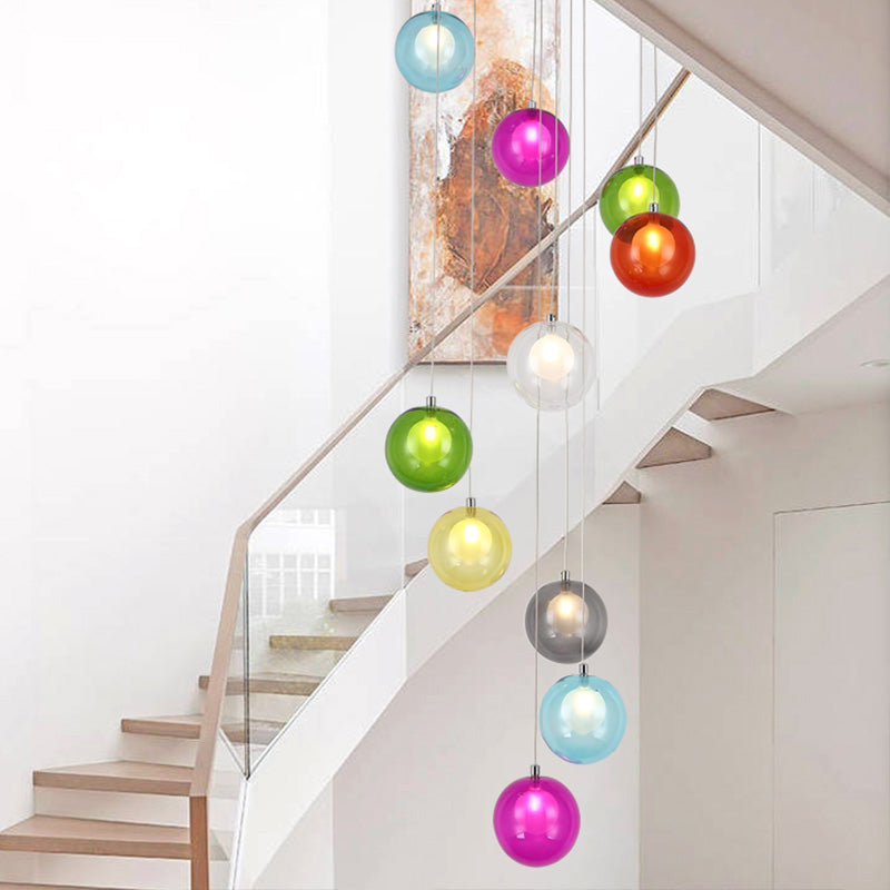 Modern LED Pendant Ceiling Light - 10-Light Globe Cluster with White/Pink Glass, Perfect for Stairs