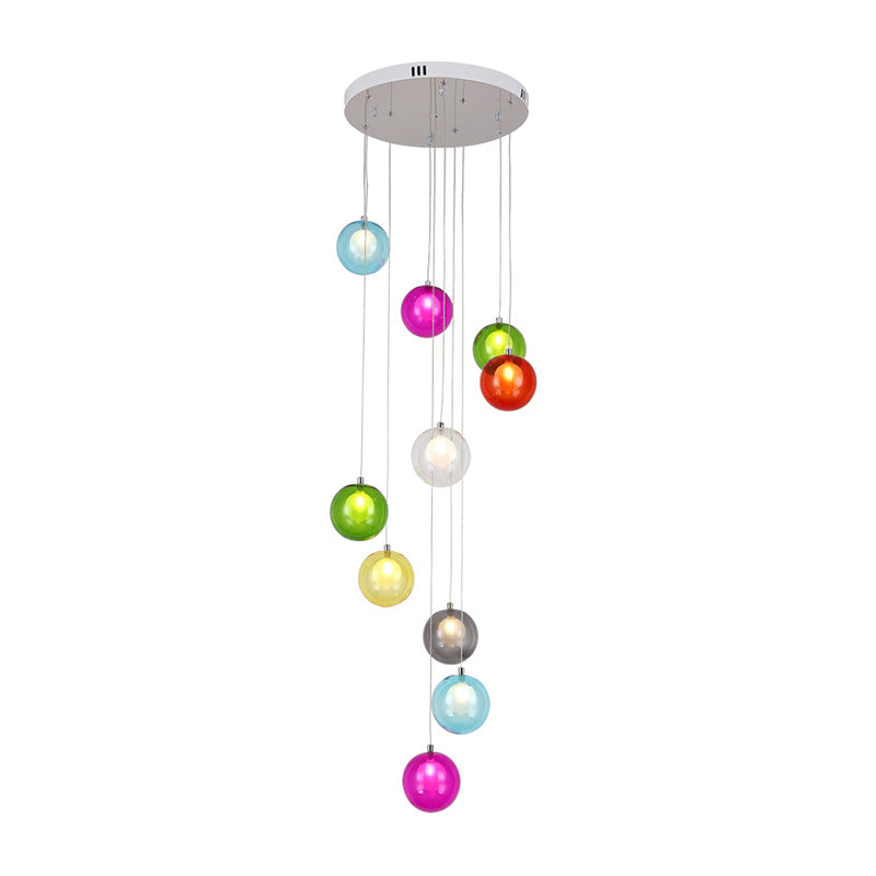 Modern LED Pendant Ceiling Light - 10-Light Globe Cluster with White/Pink Glass, Perfect for Stairs
