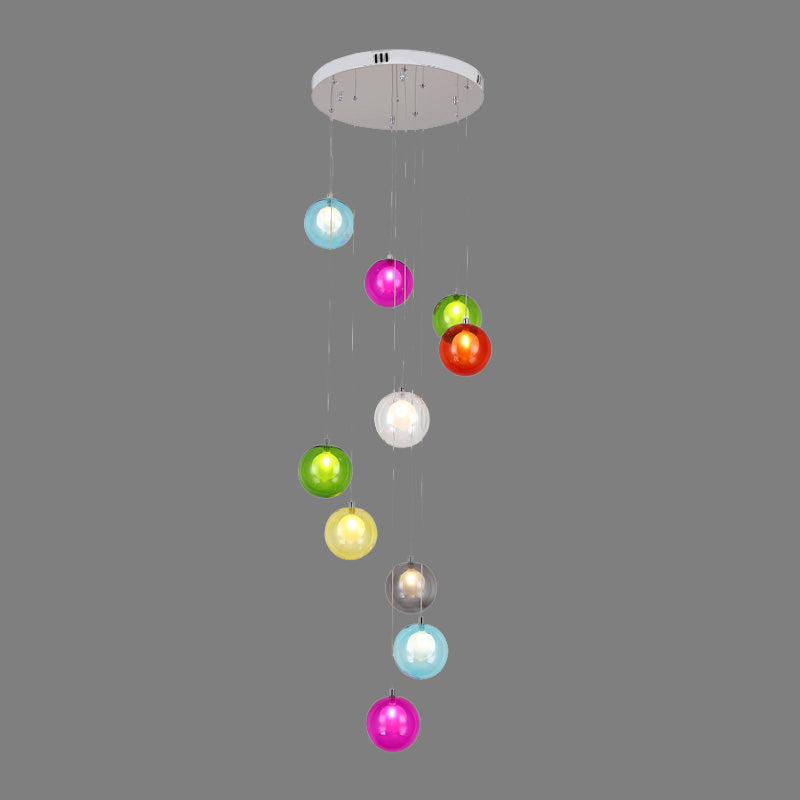 Cluster Pendant Light: Modern White/Pink Glass Led Ceiling Fixture - 10 Light Globe For Stairs