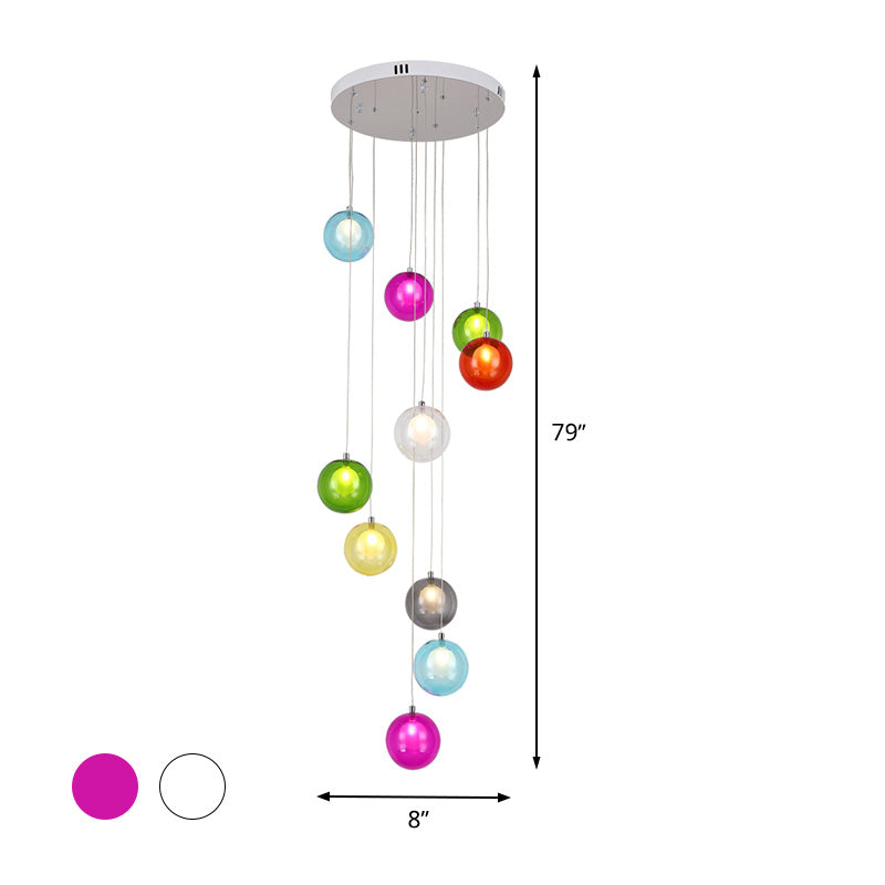Modern LED Pendant Ceiling Light - 10-Light Globe Cluster with White/Pink Glass, Perfect for Stairs
