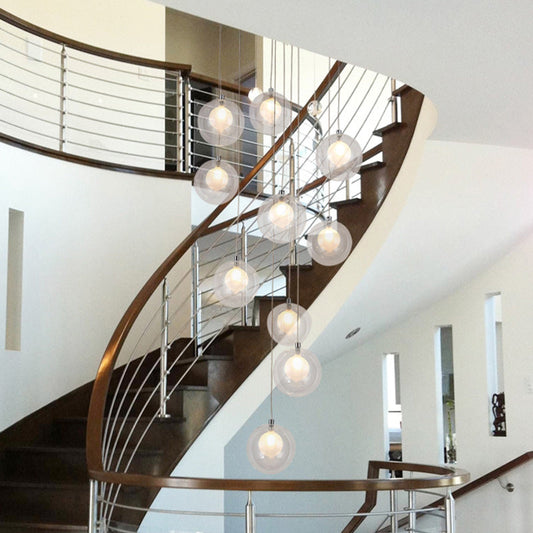 Modern LED Pendant Ceiling Light - 10-Light Globe Cluster with White/Pink Glass, Perfect for Stairs