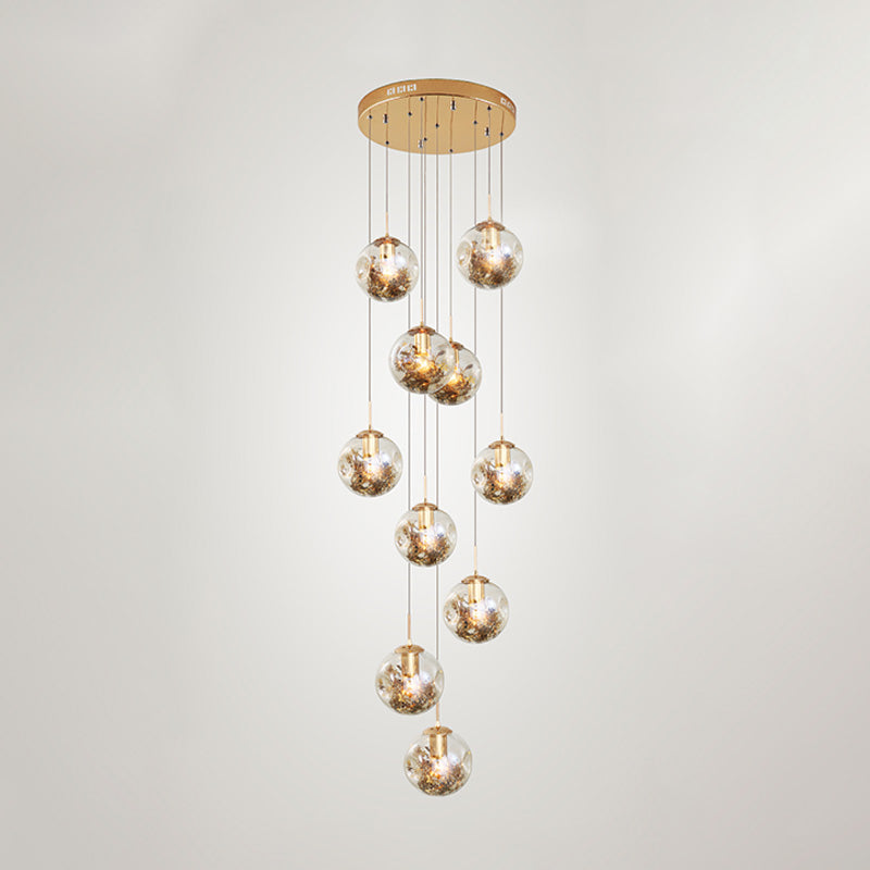 Contemporary Gold Ball Chandelier with Amber Dimpled Glass Pendant - 10 Bulbs, Multi-Light for Living Room
