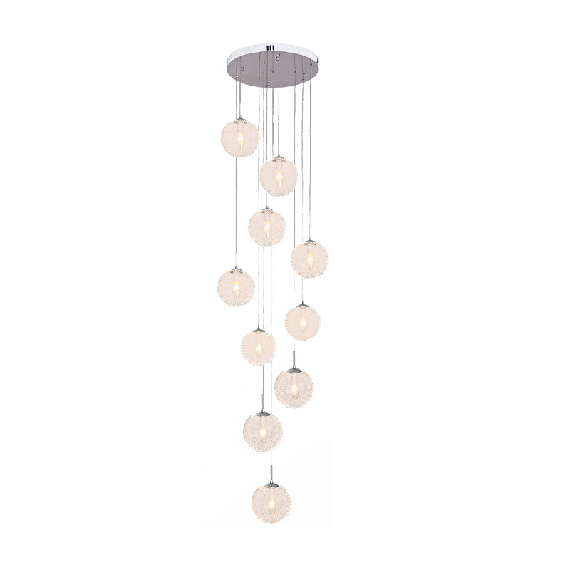 Modernist 10-Head Clear Glass LED Stair Pendant Ceiling Light - Global Style in White