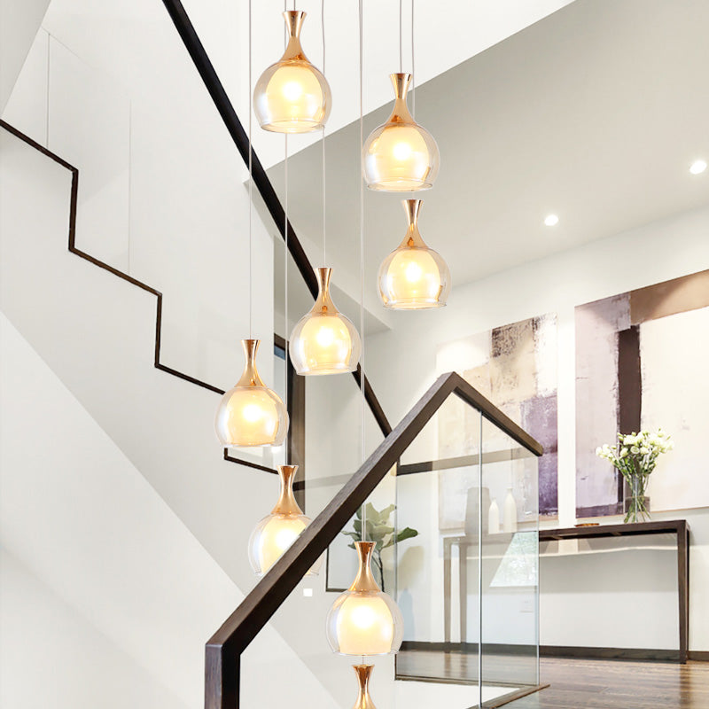 Modern Gold 8-Bulb Ceiling Light with Clear Glass Dome - Multi Lamp Pendant