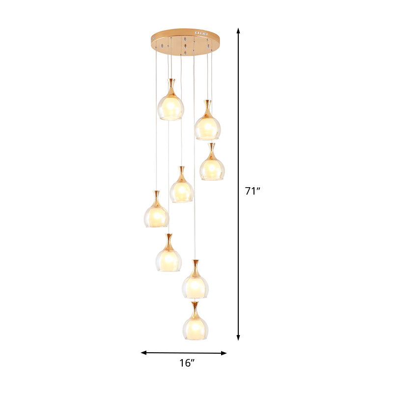 Modern Gold 8-Bulb Ceiling Light with Clear Glass Dome - Multi Lamp Pendant