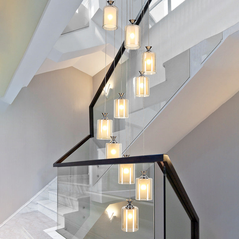 Modern 10-Light Clear Glass Pendant For Stair Ceiling - Silver Globe/Cylinder Cluster Fixture /
