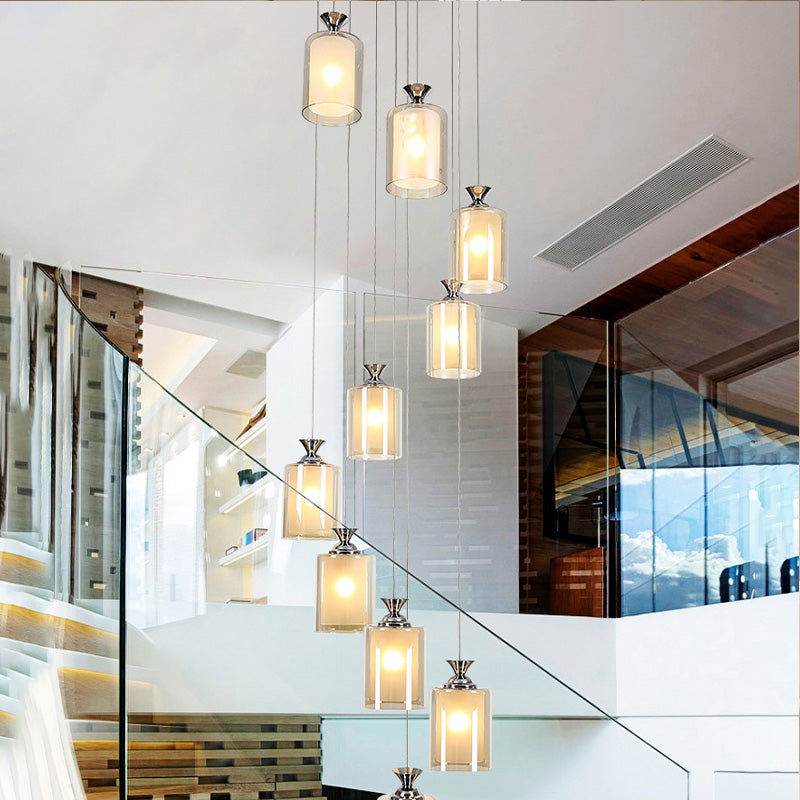 Modern 10-Light Clear Glass Pendant For Stair Ceiling - Silver Globe/Cylinder Cluster Fixture