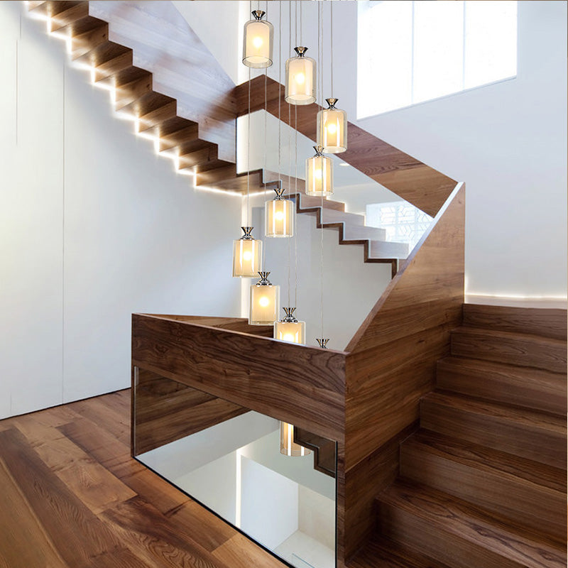 Modern 10-Light Clear Glass Pendant For Stair Ceiling - Silver Globe/Cylinder Cluster Fixture
