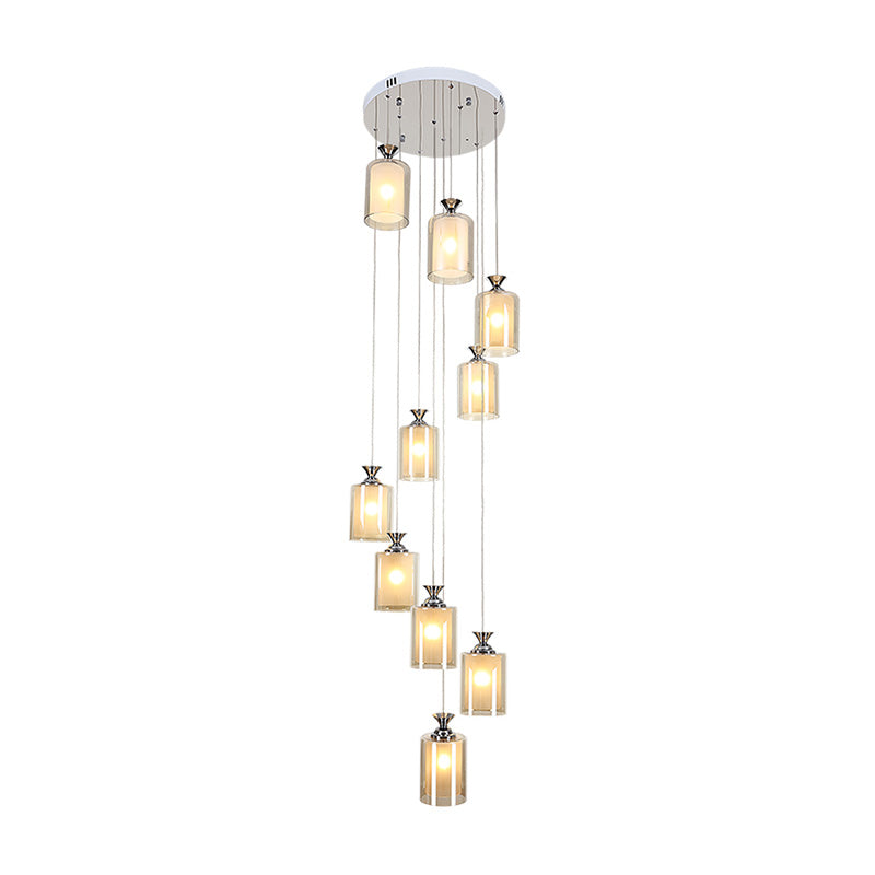 Modern Clear Glass 10-Light Silver Globe/Cylinder Cluster Pendant for Stair Ceiling