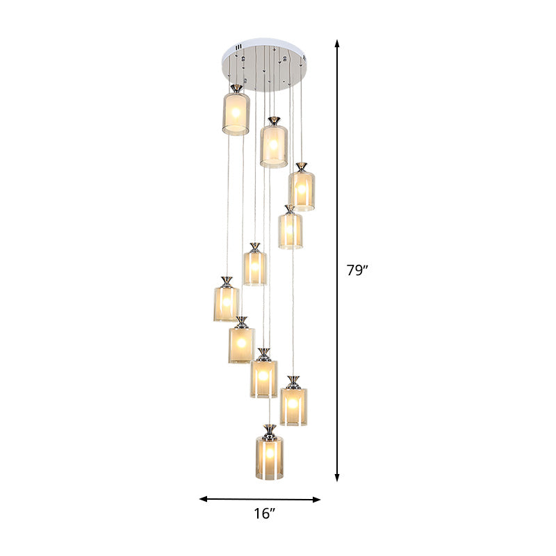 Modern Clear Glass 10-Light Silver Globe/Cylinder Cluster Pendant for Stair Ceiling