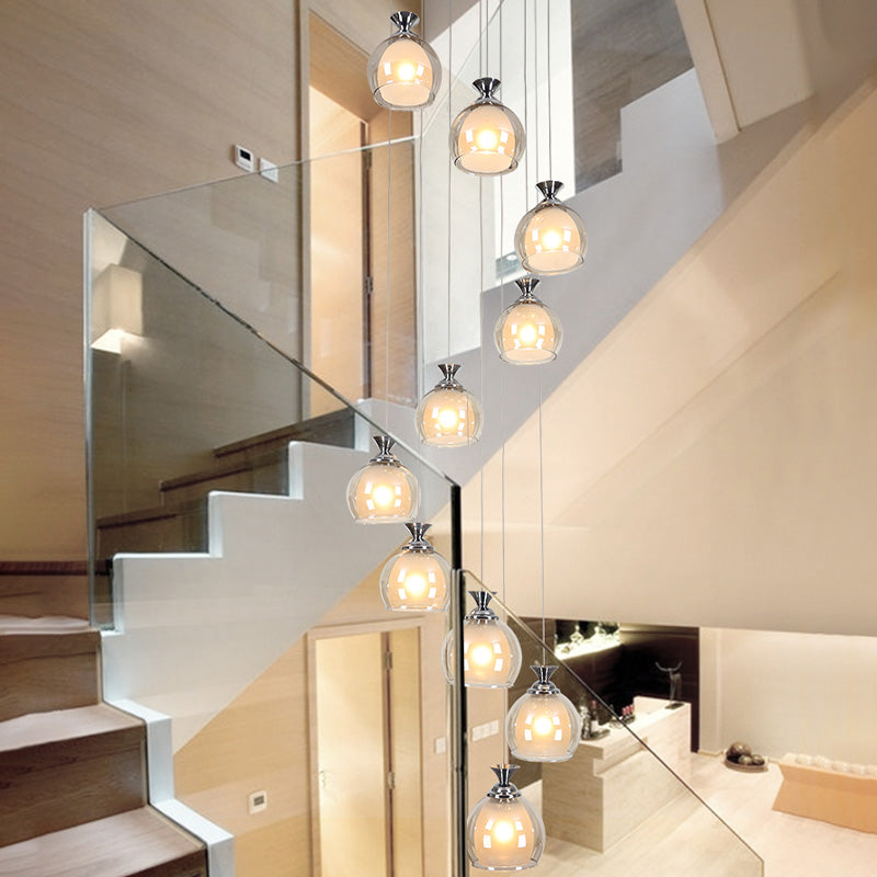 Modern Clear Glass 10-Light Silver Globe/Cylinder Cluster Pendant for Stair Ceiling