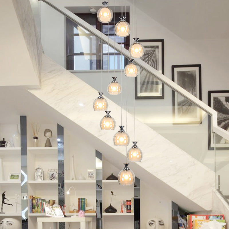 Modern 10-Light Clear Glass Pendant For Stair Ceiling - Silver Globe/Cylinder Cluster Fixture