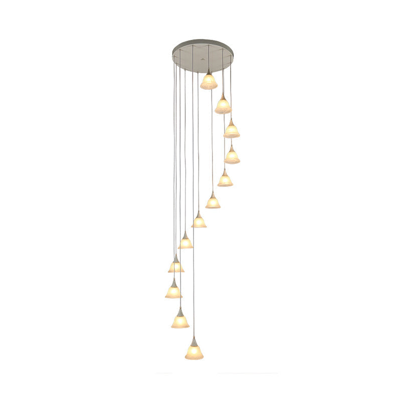 Modernist Floral Ceiling Pendant Lamp - 12 Bulbs - White Glass Hanging Light