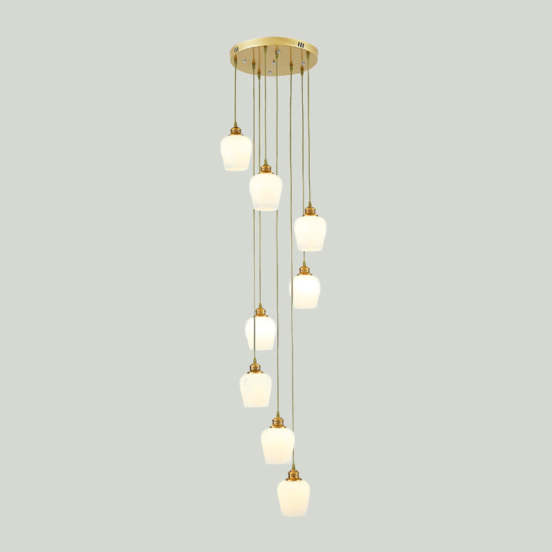 Lustre suspendu moderniste en verre blanc à plusieurs lumières avec abat-jour tulipes à 8 lumières