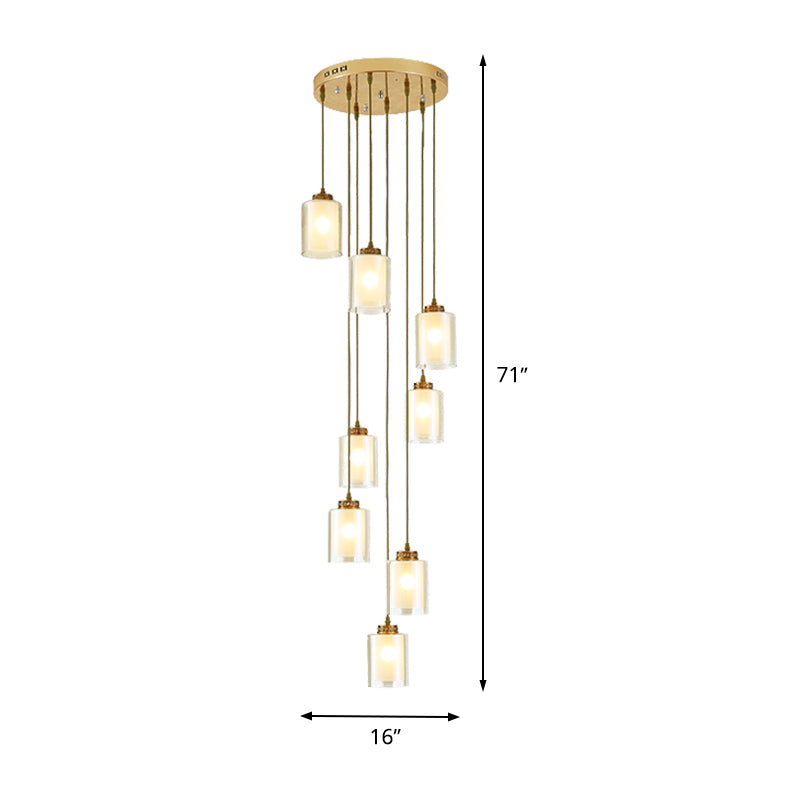 Modernist Cylinder Clear and White Glass Multi-Lamp Pendant with 8 Hanging Heads