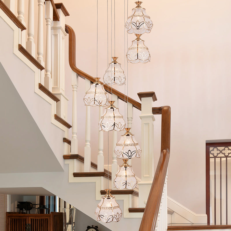 Contemporary 8-Light Spiral Hanging Stair Pendant - White Glass with Flower Shade