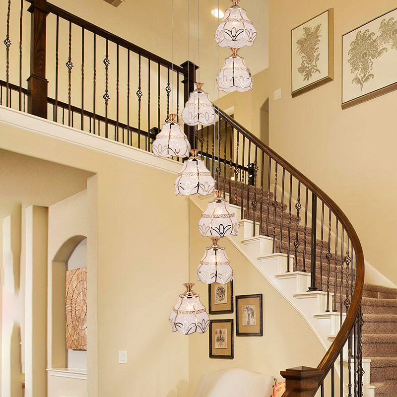 Contemporary 8-Light Stair Multi Lamp Pendant With White Glass Spiral And Flower Shade