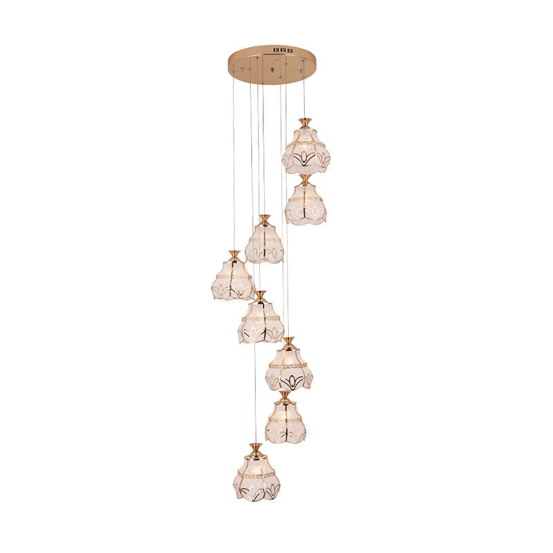 Contemporary 8-Light Stair Multi Lamp Pendant With White Glass Spiral And Flower Shade