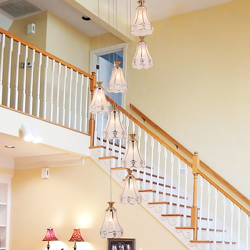 Modern Gold Floral Glass Suspension Light - 8 Bulb Stair Multi Ceiling Lamp