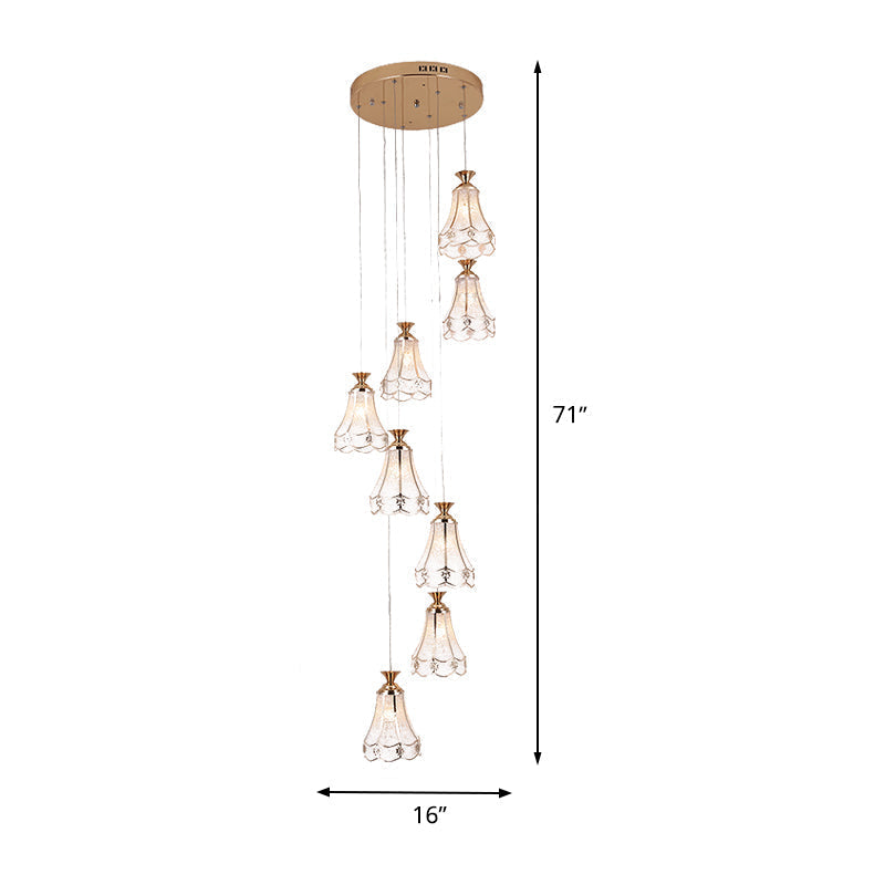 Modern Gold Floral Suspension Light With Textured Glass 8-Bulb Ceiling Lamp For Stairs