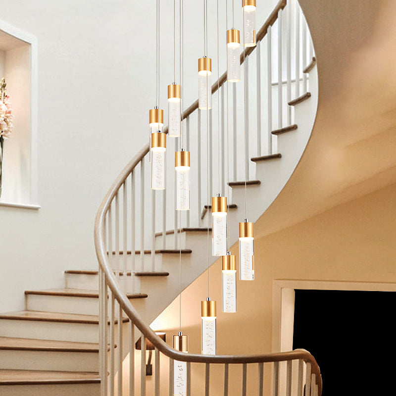 Modernist Gold/Silver Tube Stair Pendant Light With Spiral Design - 12 Heads
