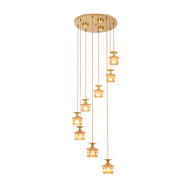 Modernist 8-Head Pendant Lamp: Tan Prismatic Glass Chandelier In Brass