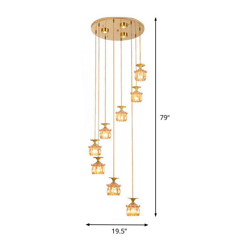 Modernist 8-Head Pendant Lamp: Tan Prismatic Glass Chandelier In Brass