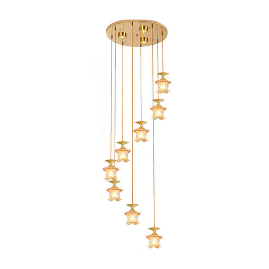 Modernist 8-Head Prismatic Glass Pendant Chandelier in Brass - Tan Globe/Cylinder Design