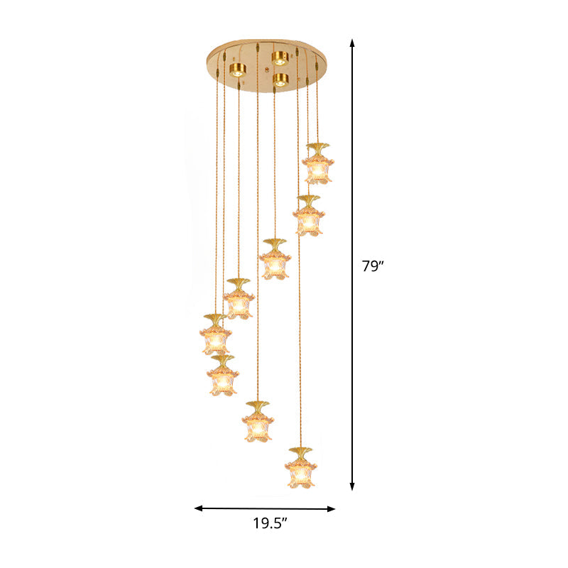 Modernist 8-Head Pendant Lamp: Tan Prismatic Glass Chandelier In Brass