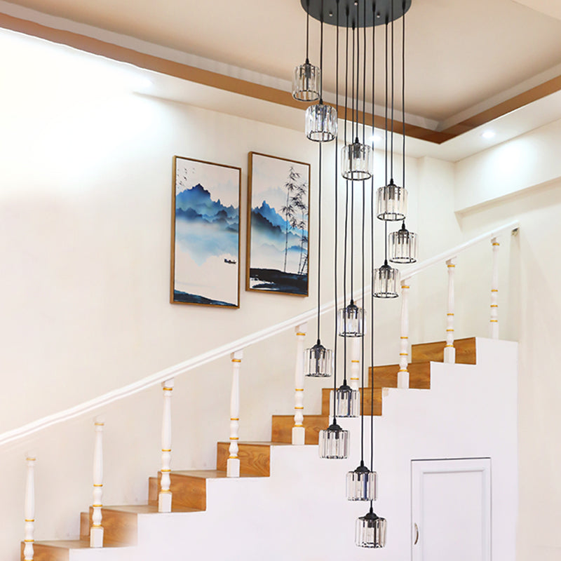 Contemporary Black Cylinder Crystal Pendant - 12 Light Hanging Lamp for Living Room
