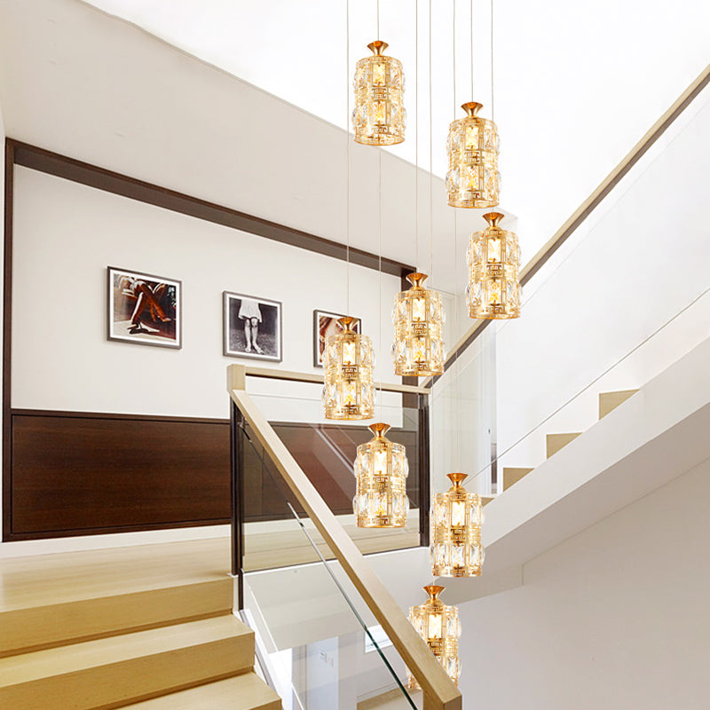Modern Gold Crystal Pendant Light With 8 Bulb Cluster - Cylindrical Hanging Ceiling Lamp