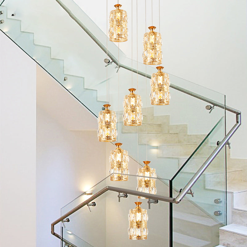 Modern Gold Crystal Pendant Light With 8 Bulb Cluster - Cylindrical Hanging Ceiling Lamp