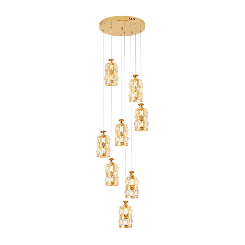 Modern Gold Crystal Pendant Light With 8 Bulb Cluster - Cylindrical Hanging Ceiling Lamp