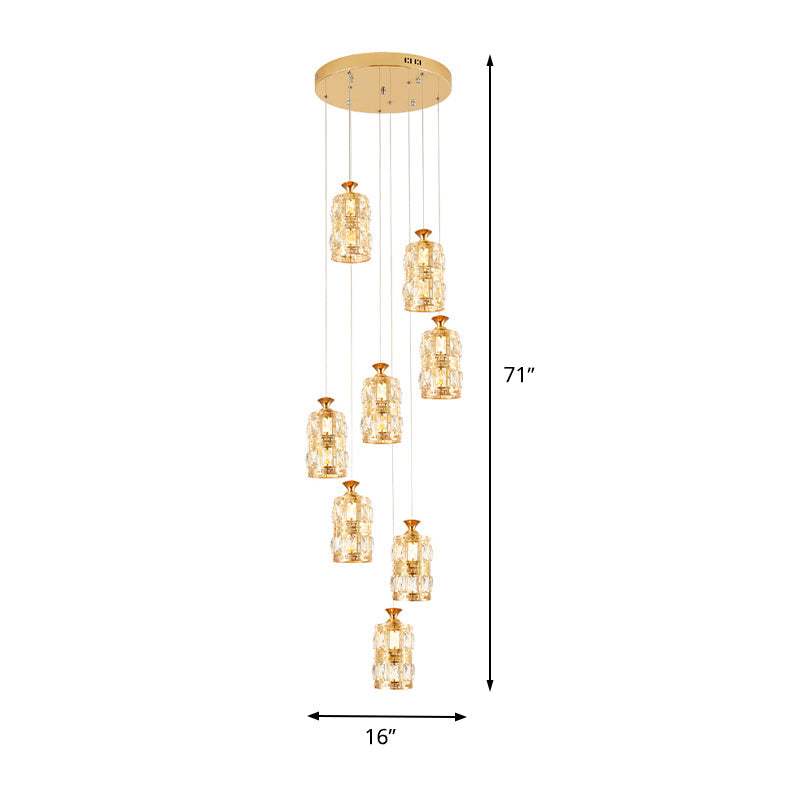 Gold Modernist Crystal Cluster Pendant with 8 Bulbs