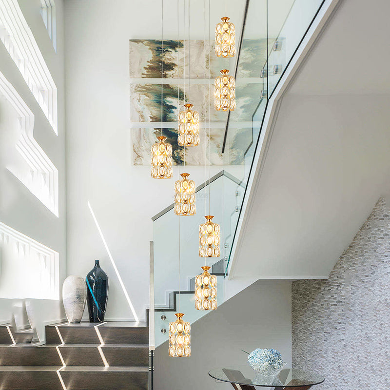 Brass Cylinder Crystal Hanging Lamp Fixture - 8-Light Modern Multi Ceiling Light