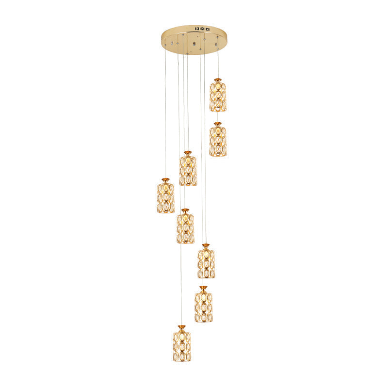 Brass Cylinder Crystal Hanging Lamp Fixture - 8-Light Modern Multi Ceiling Light