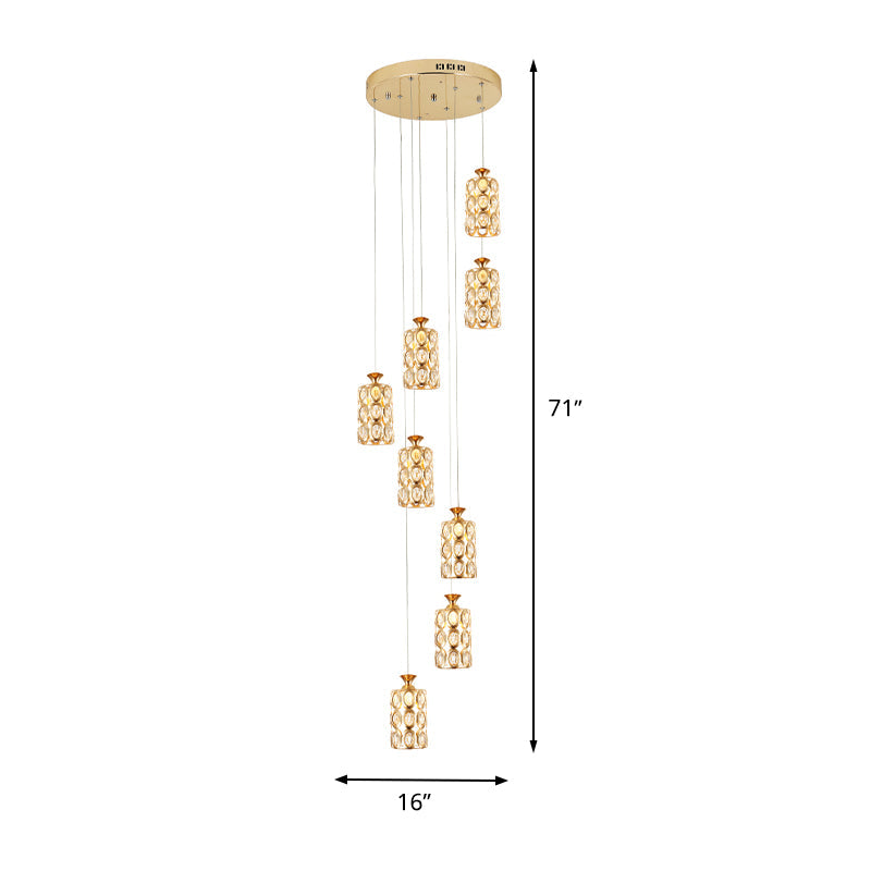 Brass Cylinder Crystal Hanging Lamp Fixture - 8-Light Modern Multi Ceiling Light