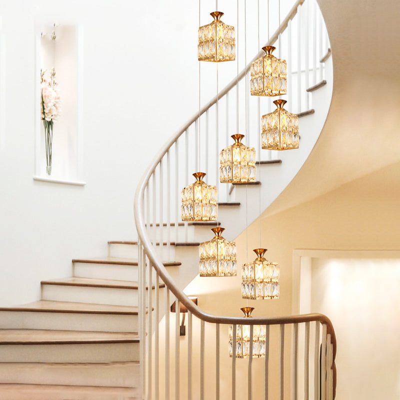 Contemporary Crystal Gold Cube Suspension Lamp - 8-Bulb Stair Pendant Chandelier