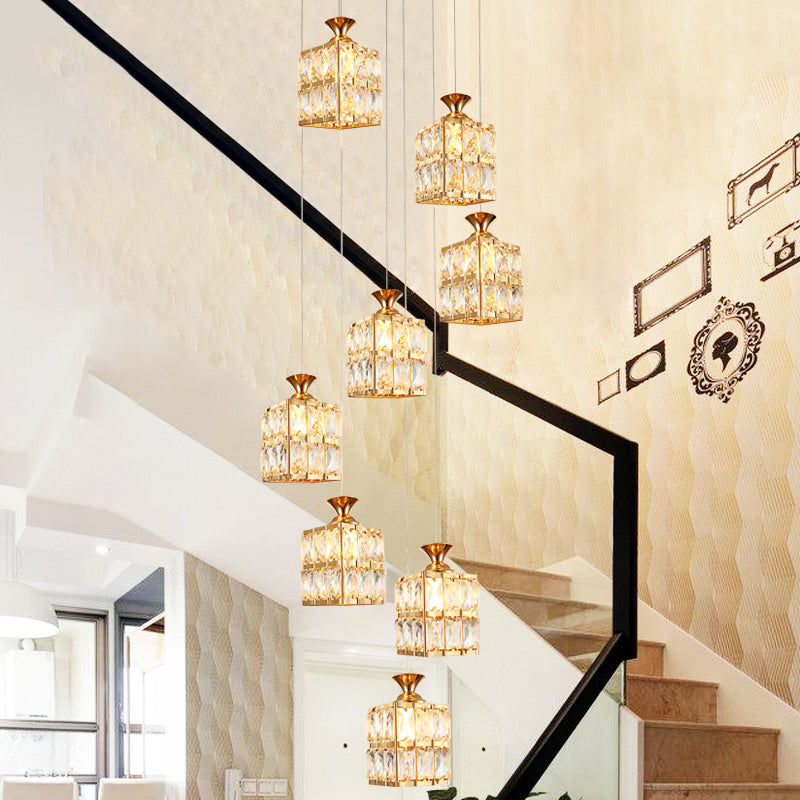 Contemporary Crystal Gold Cube Chandelier - 8-Bulb Suspension Lamp for Stairs