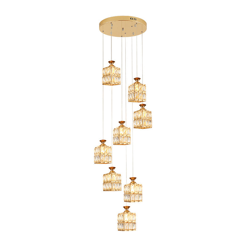 Contemporary Crystal Gold Cube Chandelier - 8-Bulb Suspension Lamp for Stairs