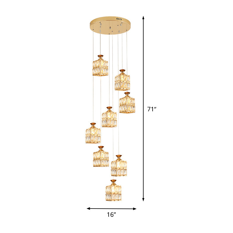 Contemporary Crystal Gold Cube Chandelier - 8-Bulb Suspension Lamp for Stairs