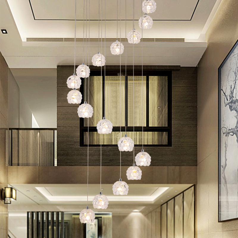 16-Head Contemporary Crystal Dome Pendant Light In Silver With Spiral Design