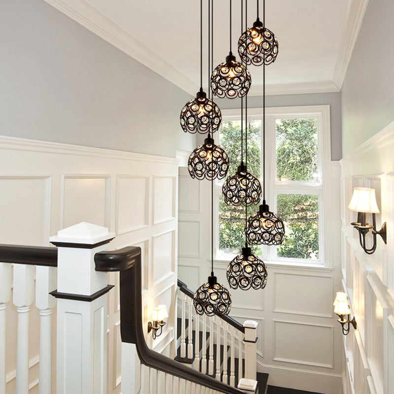 Lustre moderne en forme de dôme en cristal – Plafonnier blanc/noir à 8 ampoules pour salon