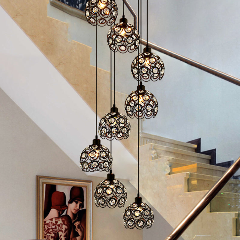 Lustre moderne en forme de dôme en cristal – Plafonnier blanc/noir à 8 ampoules pour salon