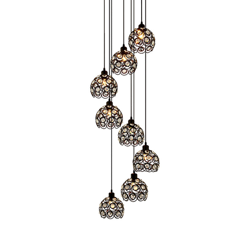 Lustre moderne en forme de dôme en cristal – Plafonnier blanc/noir à 8 ampoules pour salon