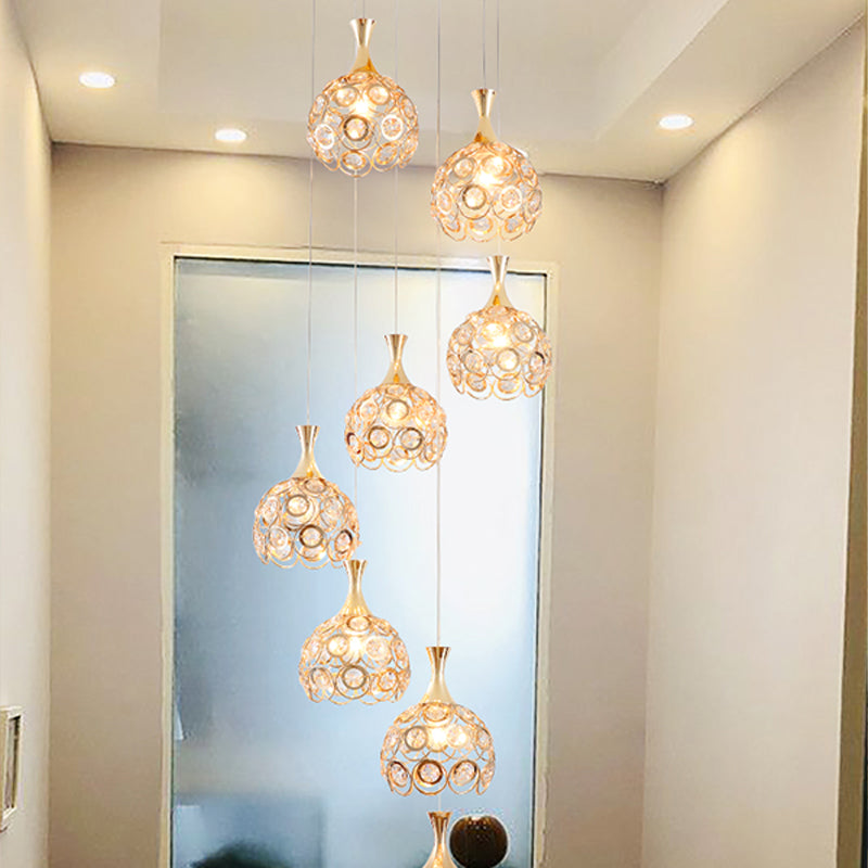 Minimalist Crystal Dome Stair Cluster Pendant Lamp - 8 Lights Gold Suspension Fixture